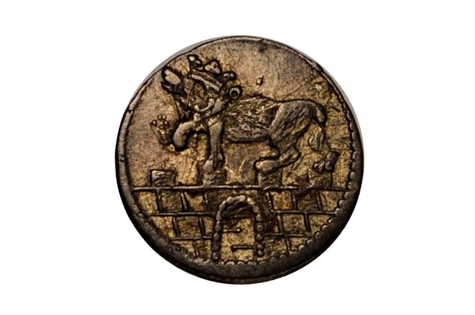 Crowned Bear atop a castle wall design on a 3 pfennig silver german coin from 1749. Anhalt-Bernburg issue under Victor II Frederick. High grade coin.
