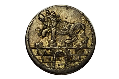Crowned Bear atop a castle wall design on a 3 pfennig silver german coin from 1749. Anhalt-Bernburg issue under Victor II Frederick. High grade coin.