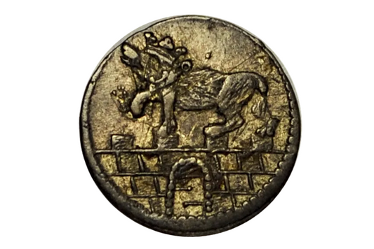 Crowned Bear atop a castle wall design on a 3 pfennig silver german coin from 1749. Anhalt-Bernburg issue under Victor II Frederick. High grade coin.