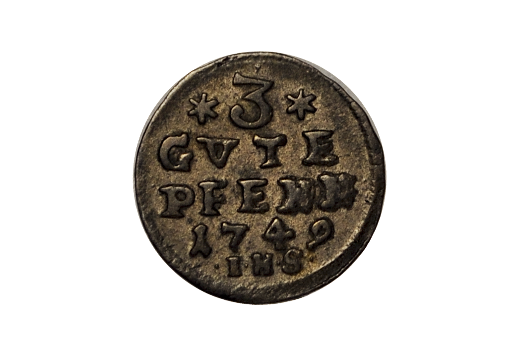 3 pfennig silver german coin from 1749. Anhalt-Bernburg issue under Victor II Frederick. High grade coin.