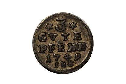 3 pfennig silver german coin from 1749. Anhalt-Bernburg issue under Victor II Frederick. High grade coin.