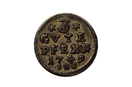 3 pfennig silver german coin from 1749. Anhalt-Bernburg issue under Victor II Frederick. High grade coin.