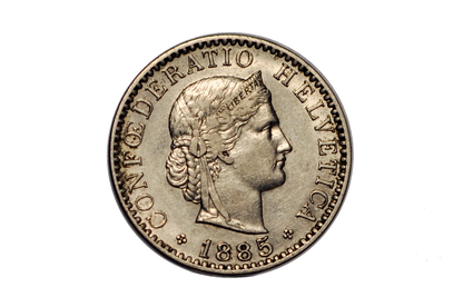 1885B Switzerland 20 Rappen - XF/AU - 1885 B Helvetica 20 Rappen - Swiss 20 Rappen 1885 - Great Coin