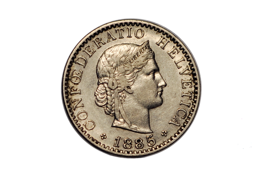 1885B Switzerland 20 Rappen - XF/AU - 1885 B Helvetica 20 Rappen - Swiss 20 Rappen 1885 - Great Coin