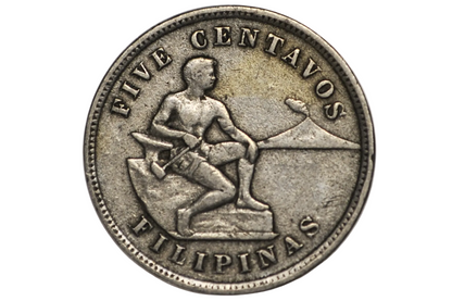 A vintage Philippine five centavos coin displayed inside a clear plastic protective holder, showing the seated figure design with the text 'FIVE CENTAVOS FILIPINAS'.