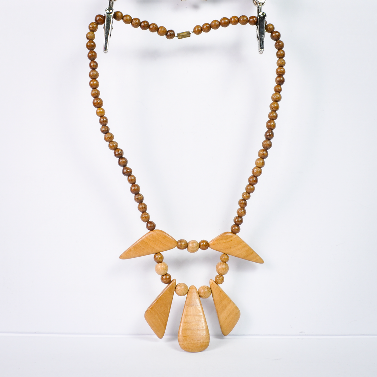 Vintage Wooden Bead Statement Necklace with Geometric Drops, 11 Inches