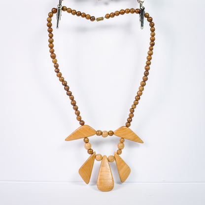 Vintage Wooden Bead Statement Necklace with Geometric Drops, 11 Inches