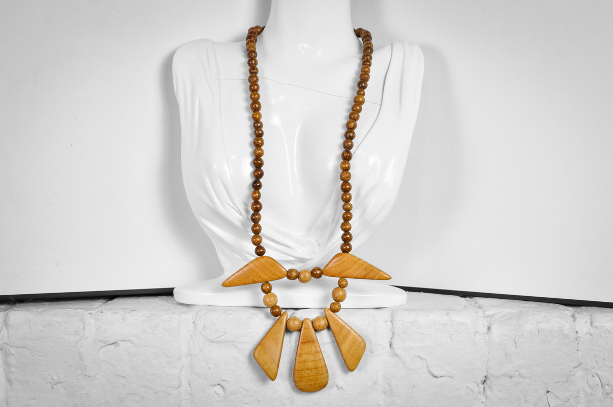 Vintage Wooden Bead Statement Necklace with Geometric Drops, 11 Inches