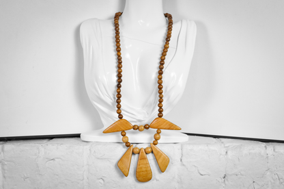 Vintage Wooden Bead Statement Necklace with Geometric Drops, 11 Inches