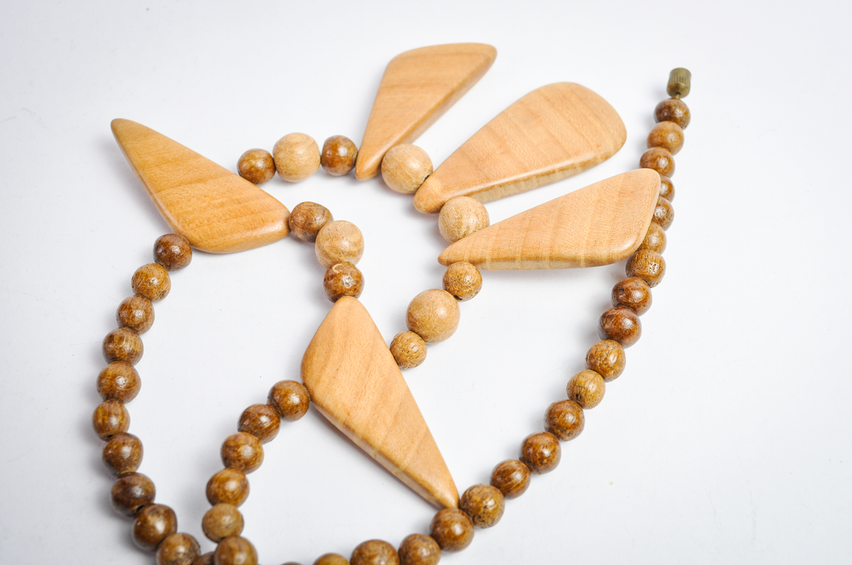 Vintage Wooden Bead Statement Necklace with Geometric Drops, 11 Inches