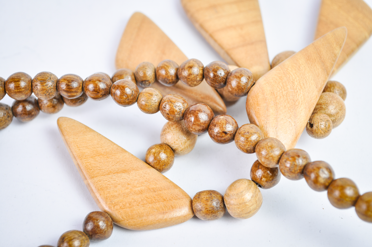 Vintage Wooden Bead Statement Necklace with Geometric Drops, 11 Inches