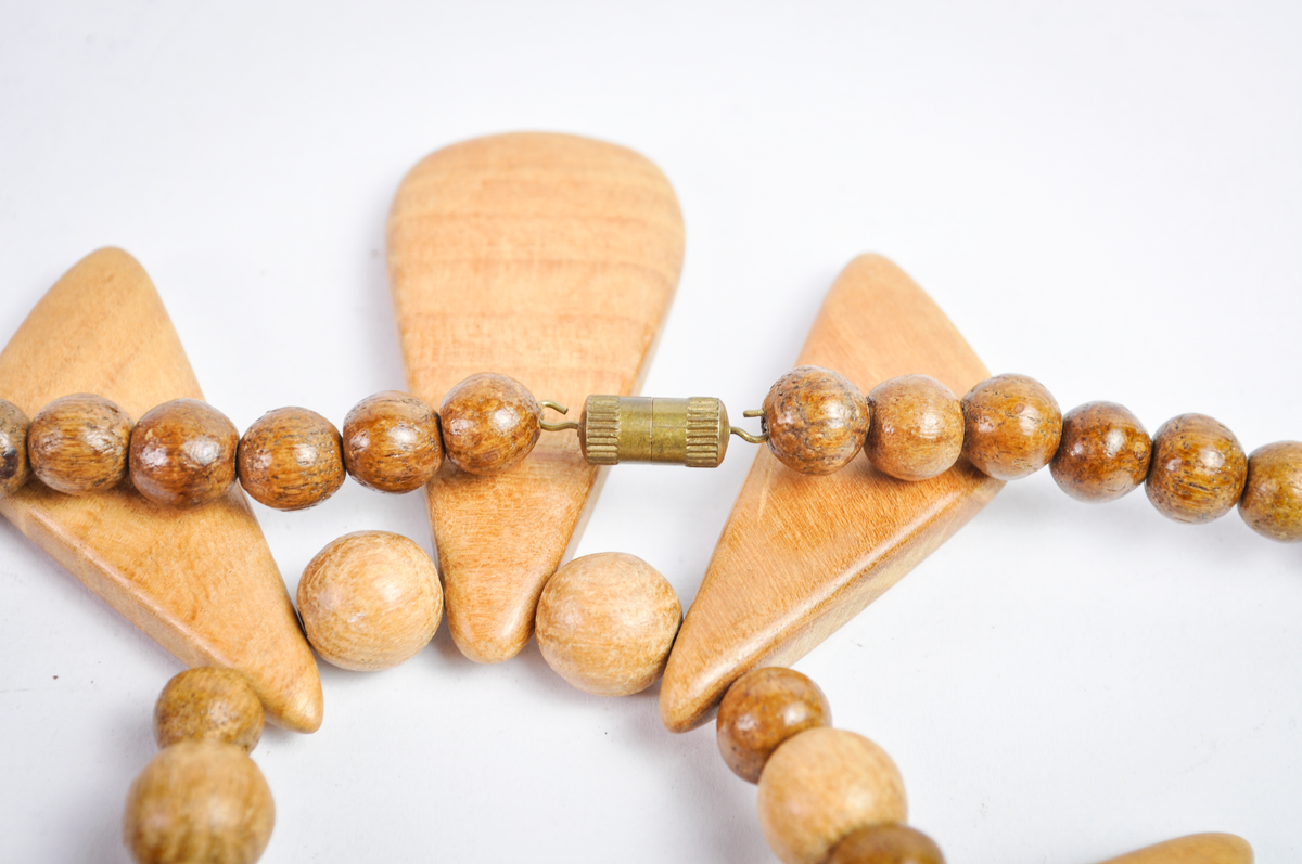 Vintage Wooden Bead Statement Necklace with Geometric Drops, 11 Inches