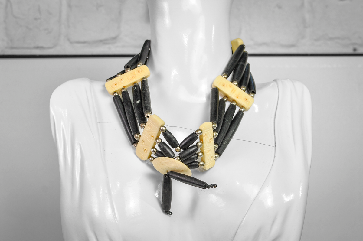Native Rustic Edge Black & Cream Statement Choker | Carved Bone Choker