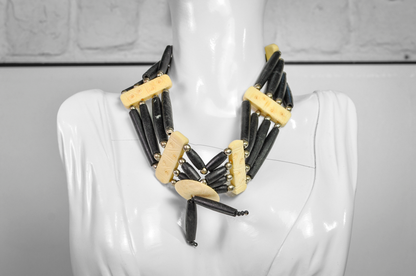 Native Rustic Edge Black & Cream Statement Choker | Carved Bone Choker