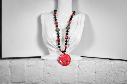 Scarlet Bloom Carved Mother-of-Pearl Rose & Coral Necklace