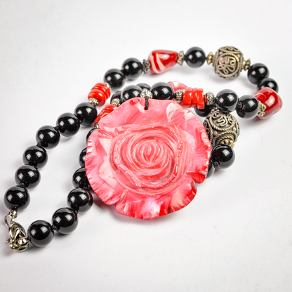 Scarlet Bloom Carved Mother-of-Pearl Rose & Coral Necklace