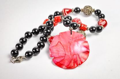 Scarlet Bloom Carved Mother-of-Pearl Rose & Coral Necklace