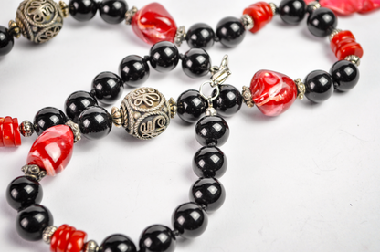 Scarlet Bloom Carved Mother-of-Pearl Rose & Coral Necklace