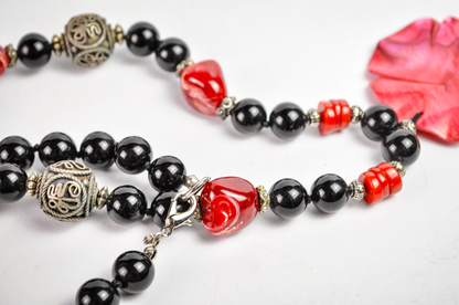 Scarlet Bloom Carved Mother-of-Pearl Rose & Coral Necklace