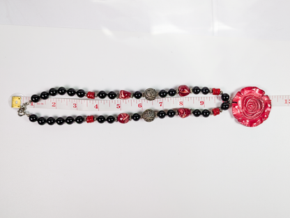 Scarlet Bloom Carved Mother-of-Pearl Rose & Coral Necklace