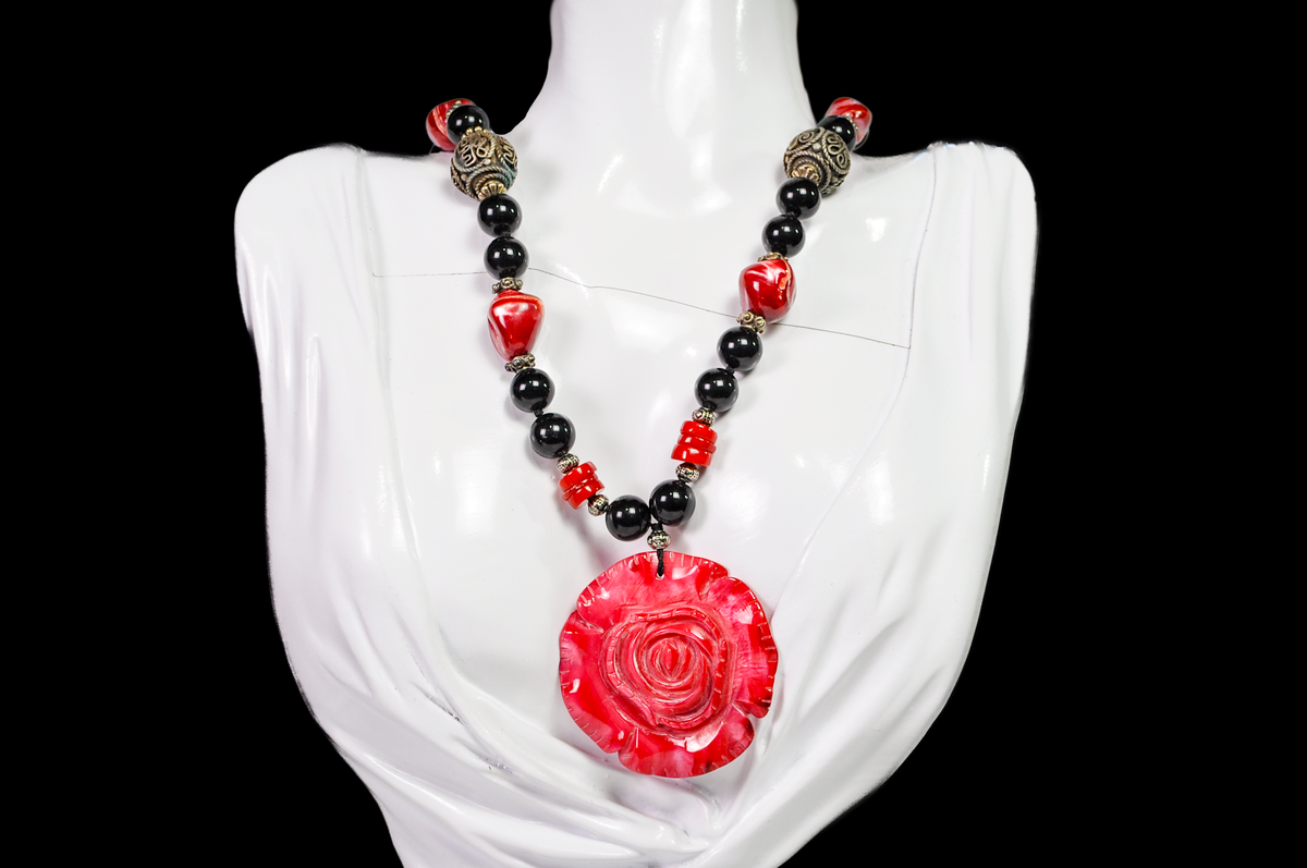 Scarlet Bloom Carved Mother-of-Pearl Rose & Coral Necklace