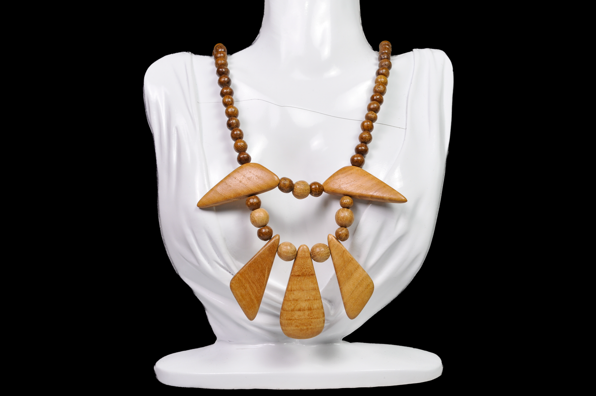 Vintage Wooden Bead Statement Necklace with Geometric Drops, 11 Inches