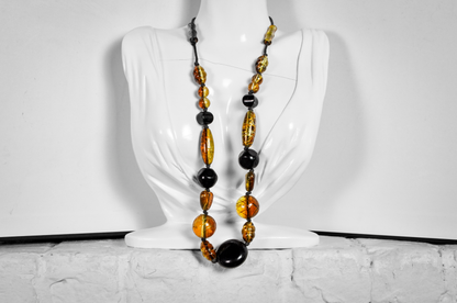 Amber-Colored & Black Mixed Bead Statement Necklace with Heart Accents - 10 inches