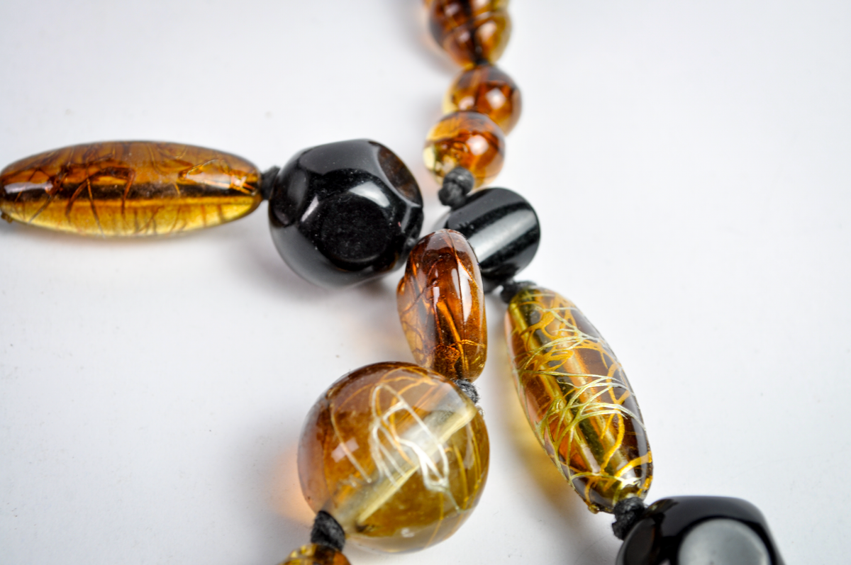 Amber-Colored & Black Mixed Bead Statement Necklace with Heart Accents - 10 inches