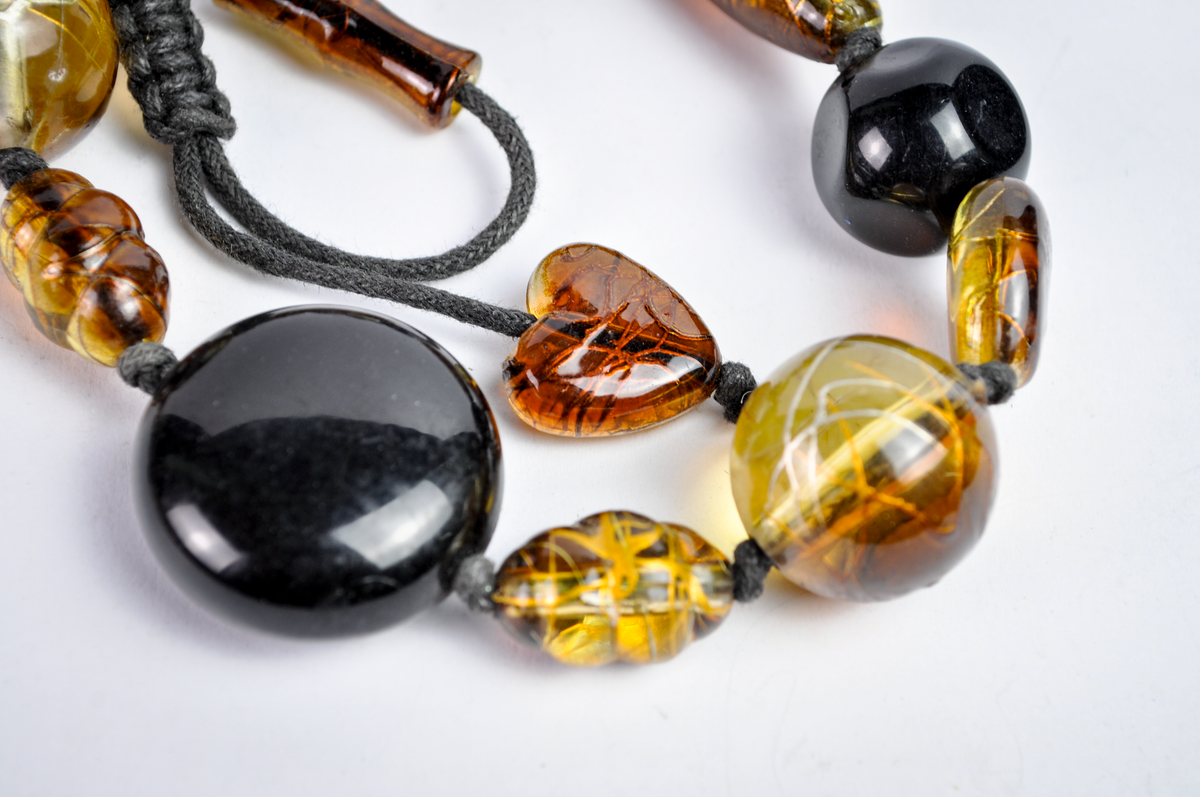 Amber-Colored & Black Mixed Bead Statement Necklace with Heart Accents - 10 inches