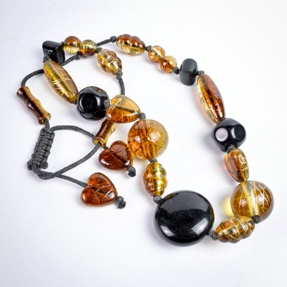 Amber-Colored & Black Mixed Bead Statement Necklace with Heart Accents - 10 inches