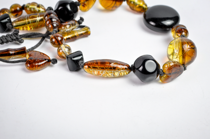 Amber-Colored & Black Mixed Bead Statement Necklace with Heart Accents - 10 inches
