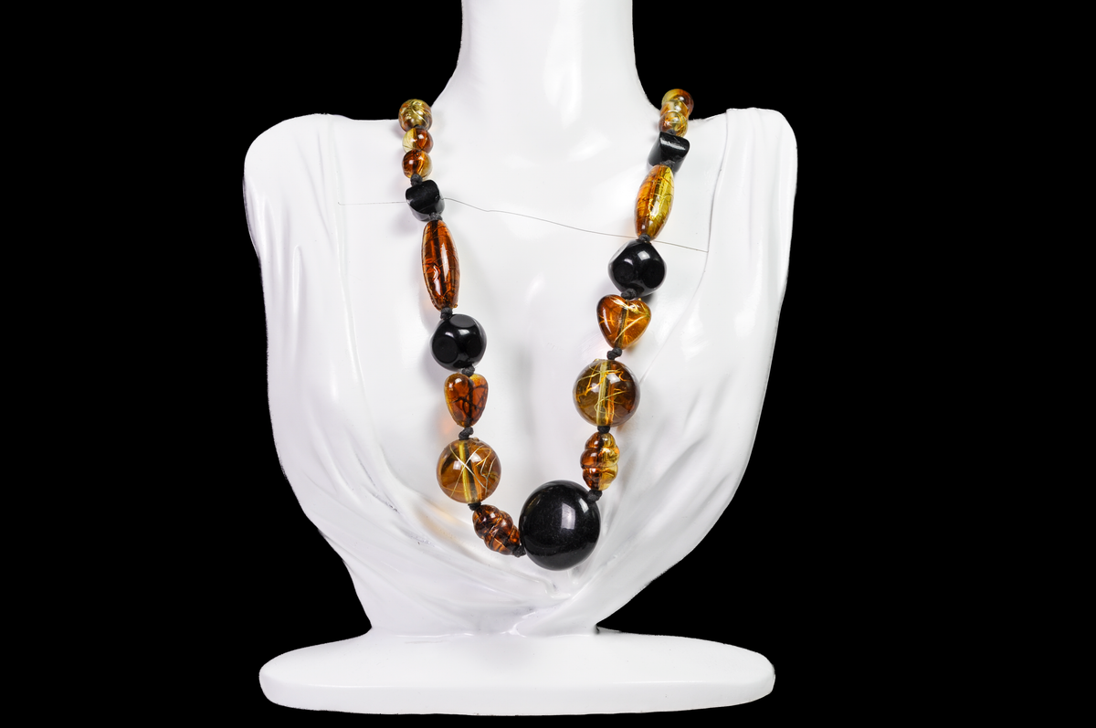 Amber-Colored & Black Mixed Bead Statement Necklace with Heart Accents - 10 inches