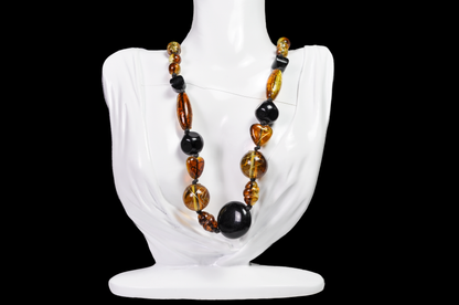 Amber-Colored & Black Mixed Bead Statement Necklace with Heart Accents - 10 inches