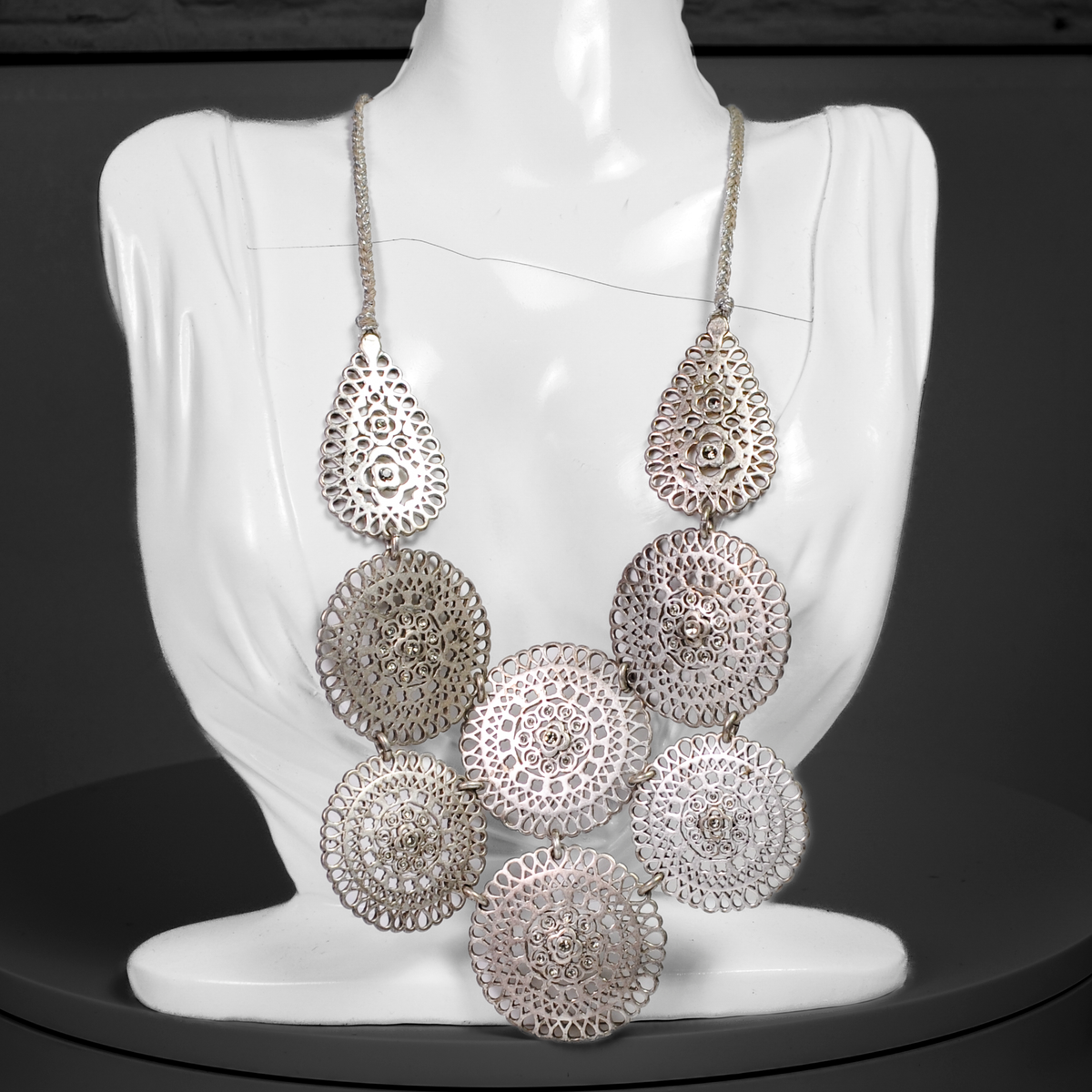 Retro Silver-Tone Floral Openwork Medallion Bib Necklace - 8 Inch Necklace