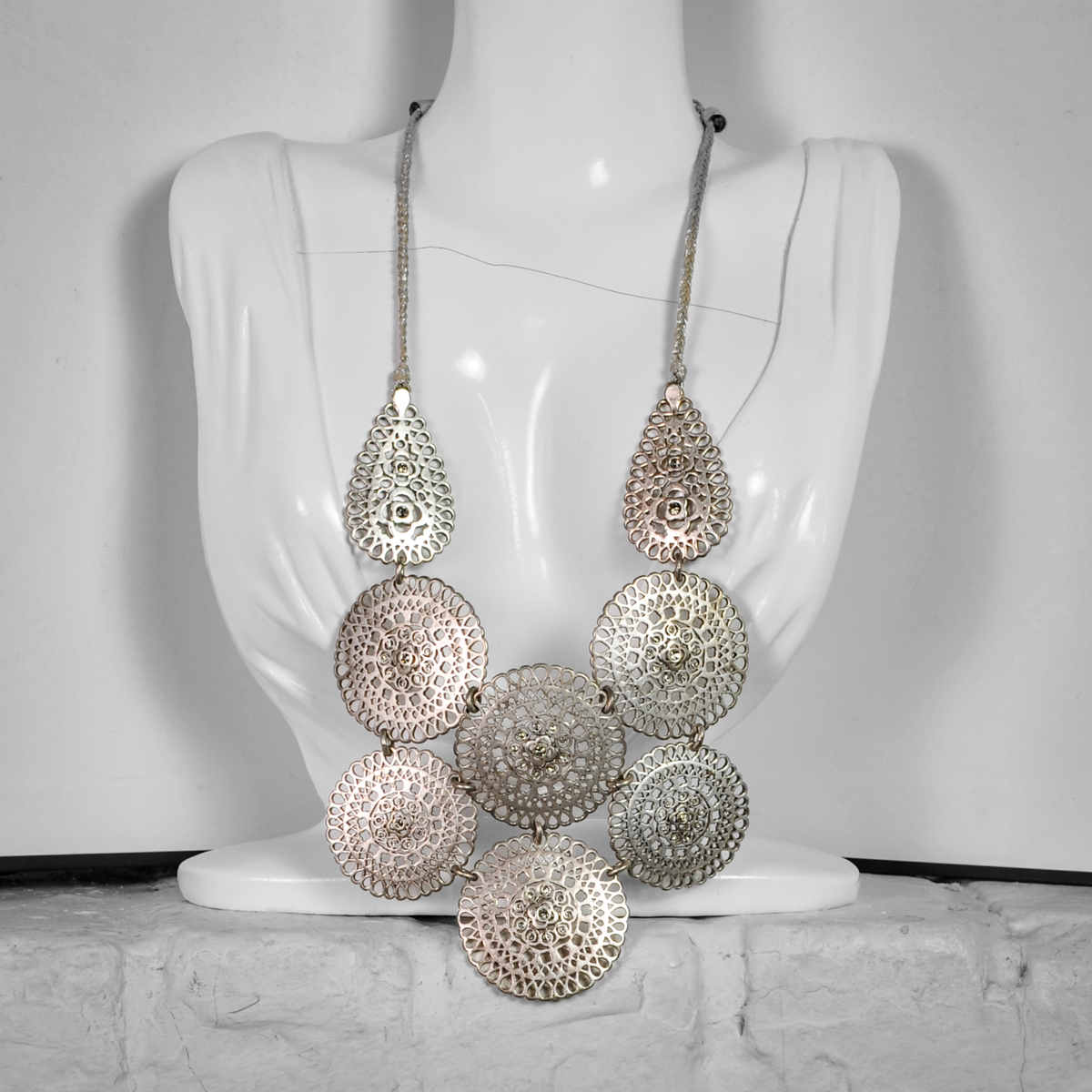 Retro Silver-Tone Floral Openwork Medallion Bib Necklace - 8 Inch Necklace