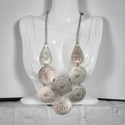 Retro Silver-Tone Floral Openwork Medallion Bib Necklace - 8 Inch Necklace