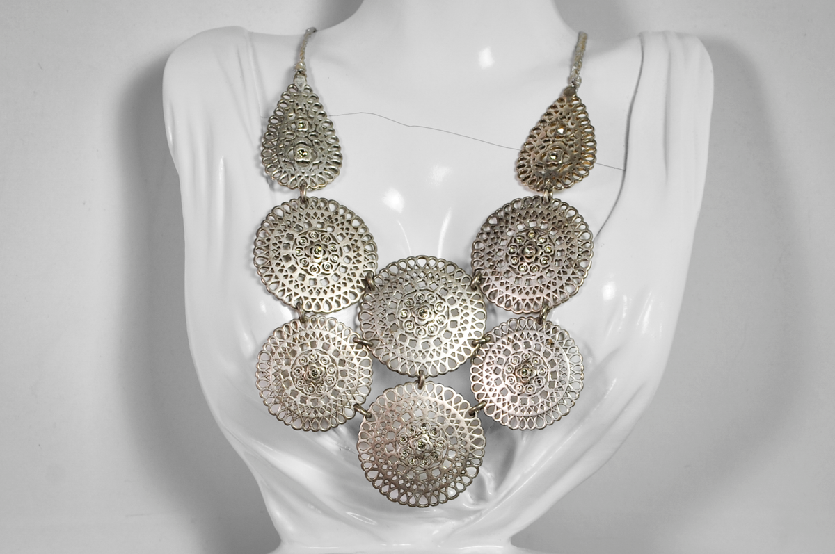 Retro Silver-Tone Floral Openwork Medallion Bib Necklace - 8 Inch Necklace