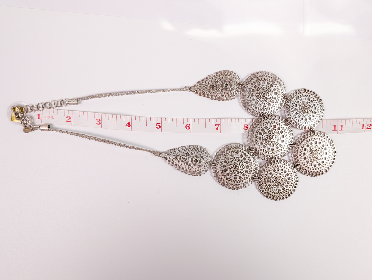 Retro Silver-Tone Floral Openwork Medallion Bib Necklace - 8 Inch Necklace