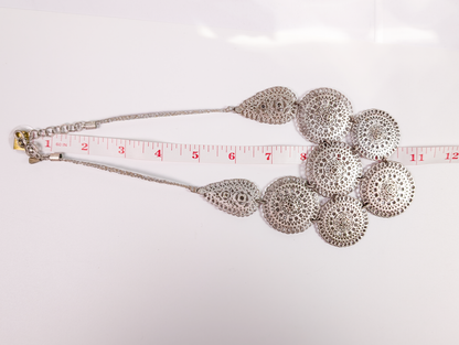 Retro Silver-Tone Floral Openwork Medallion Bib Necklace - 8 Inch Necklace