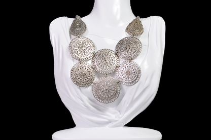 Retro Silver-Tone Floral Openwork Medallion Bib Necklace - 8 Inch Necklace