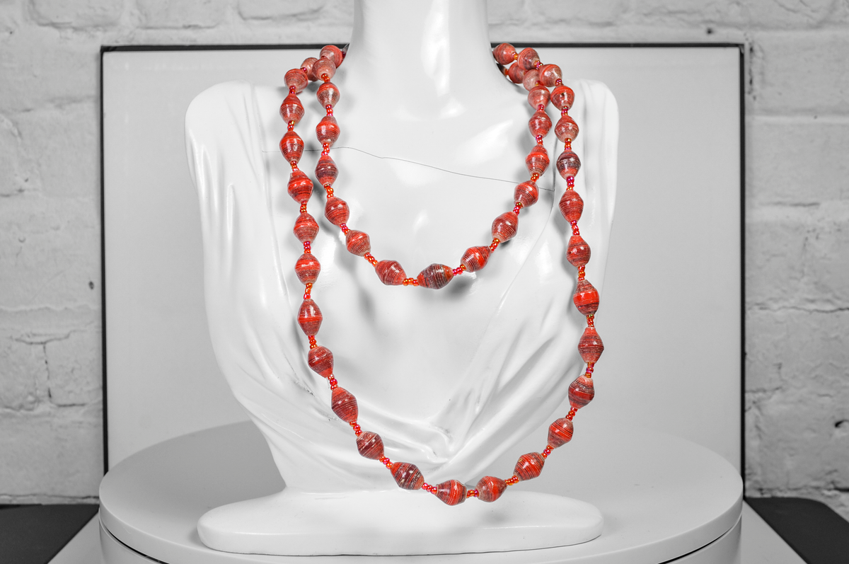 Retro Red Striped Wooden Bead Layered Necklace