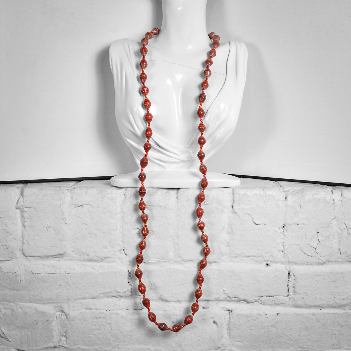 Retro Red Striped Wooden Bead Layered Necklace