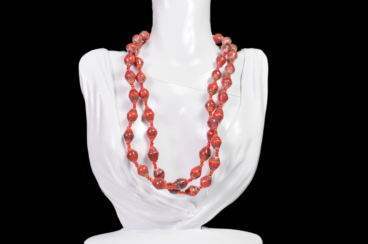 Retro Red Striped Wooden Bead Layered Necklace