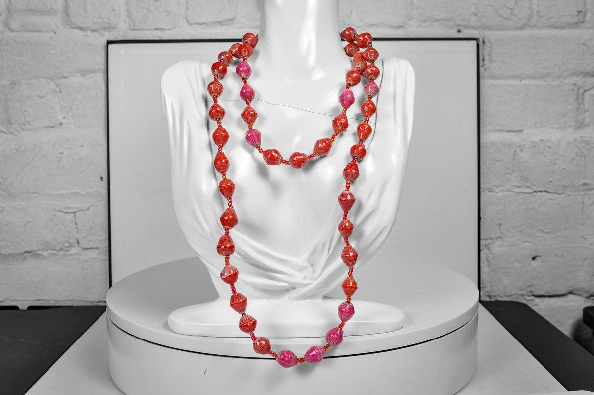 Retro Layered Pink & Coral Orange Wooden Bohemian Bead Necklace