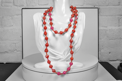 Retro Layered Pink & Coral Orange Wooden Bohemian Bead Necklace