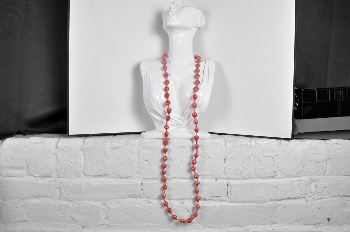 Retro Layered Pink & Coral Orange Wooden Bohemian Bead Necklace