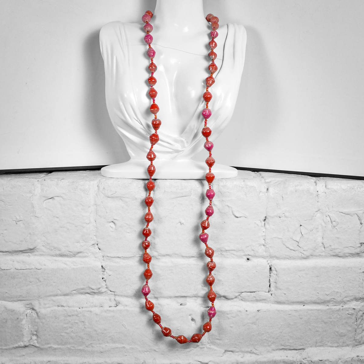 Retro Layered Pink & Coral Orange Wooden Bohemian Bead Necklace