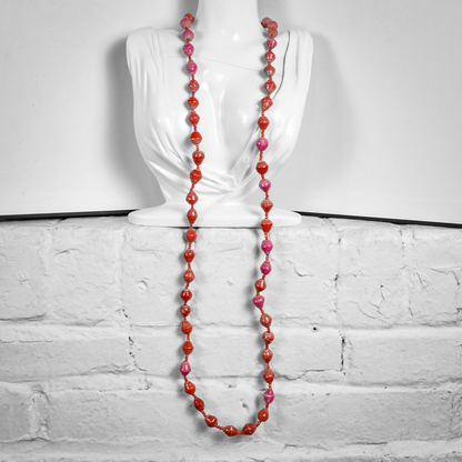 Retro Layered Pink & Coral Orange Wooden Bohemian Bead Necklace