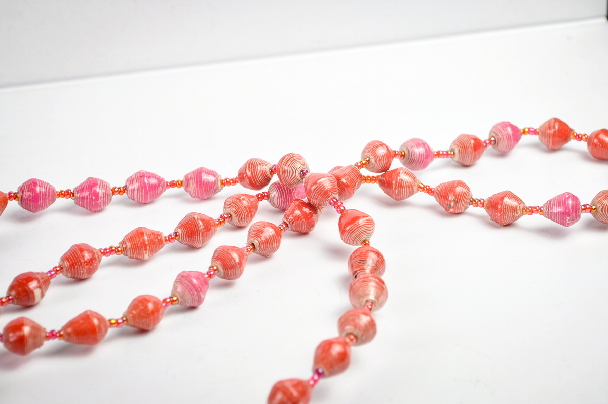 Retro Layered Pink & Coral Orange Wooden Bohemian Bead Necklace