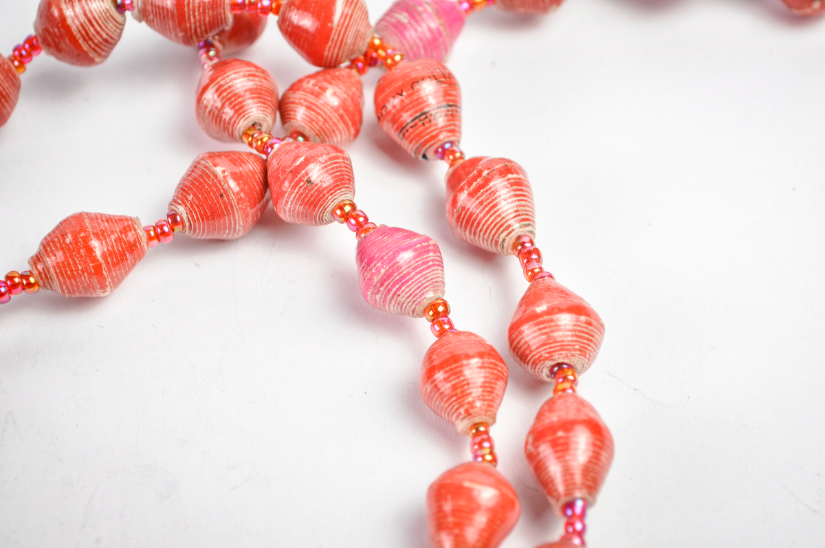 Retro Layered Pink & Coral Orange Wooden Bohemian Bead Necklace